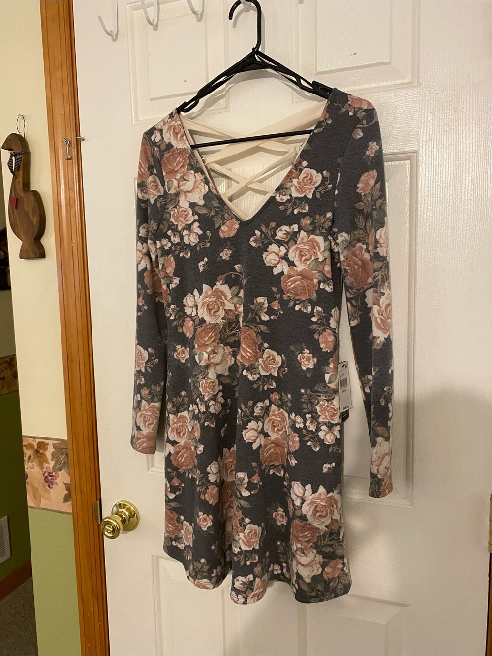 BCX Charcoal Floral Long-Sleeve Fit & Flare Dress with Crisscross Back